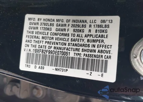 2013 Honda Civic Ex-L from USA, damaged, VIN 19XFB2F99DE070051